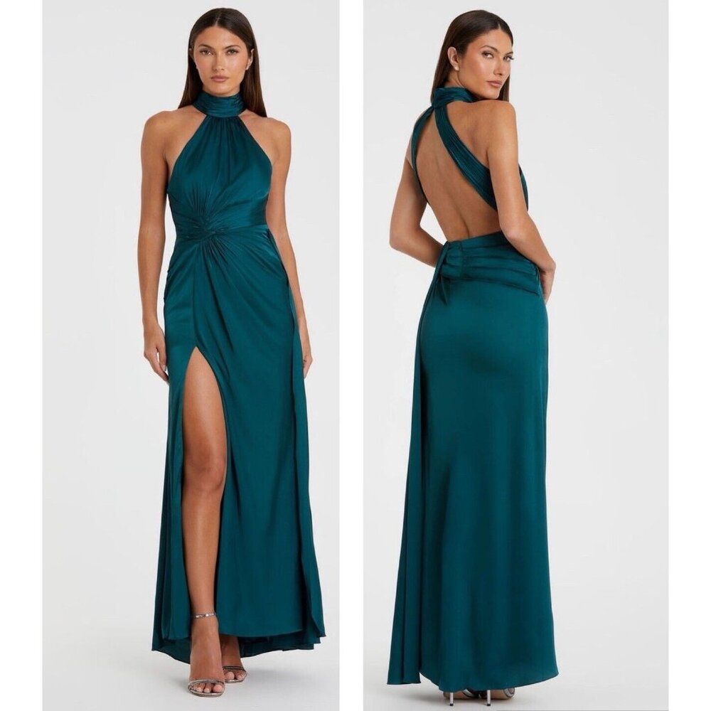 Mac Duggal Size 2 Ocean Blue Side Ruched Satin Halter Neck Prom Gown Dress New